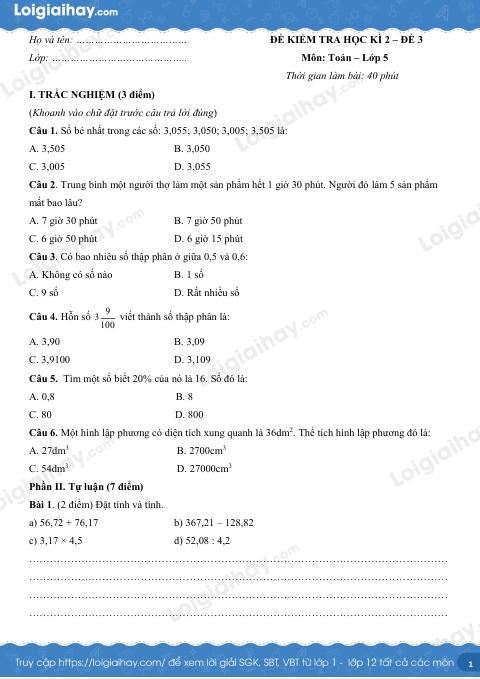 Đề số 3 - Đề kiểm tra học kì 2 - Toán lớp 5